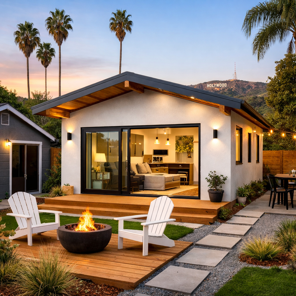 Modern backyard ADU in Los Angeles with white stucco exterior, large sliding glass doors, and landscaped patio with fire pit