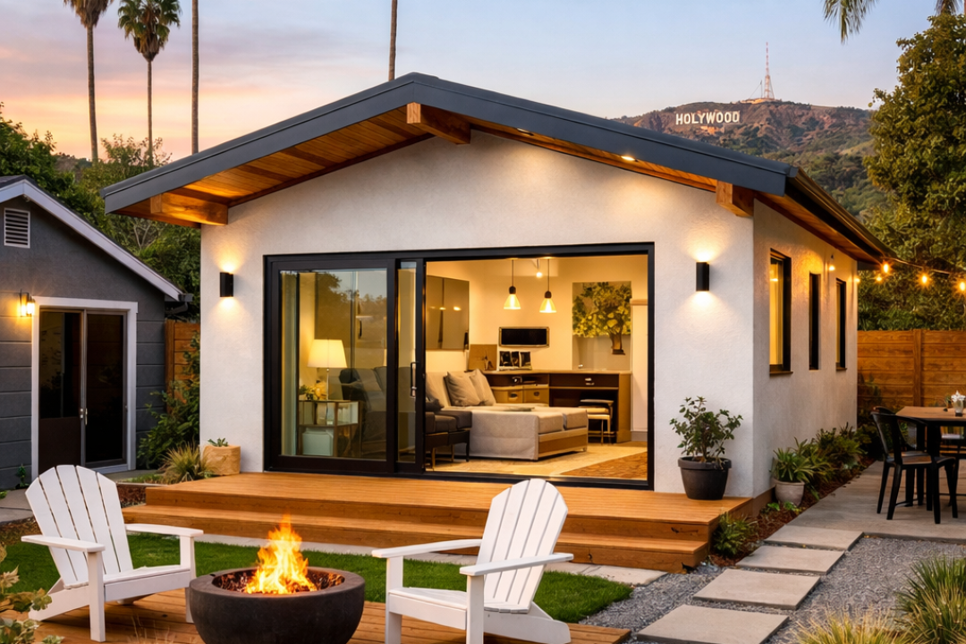 Modern backyard ADU in Los Angeles with white stucco exterior, large sliding glass doors, and landscaped patio with fire pit